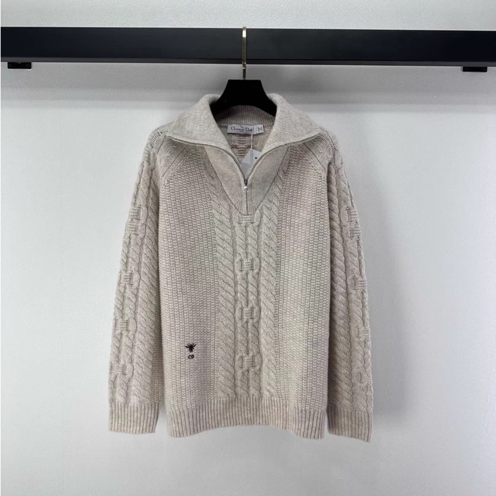 Dior Men's Cream Cable Knit Zip-Up Sweater